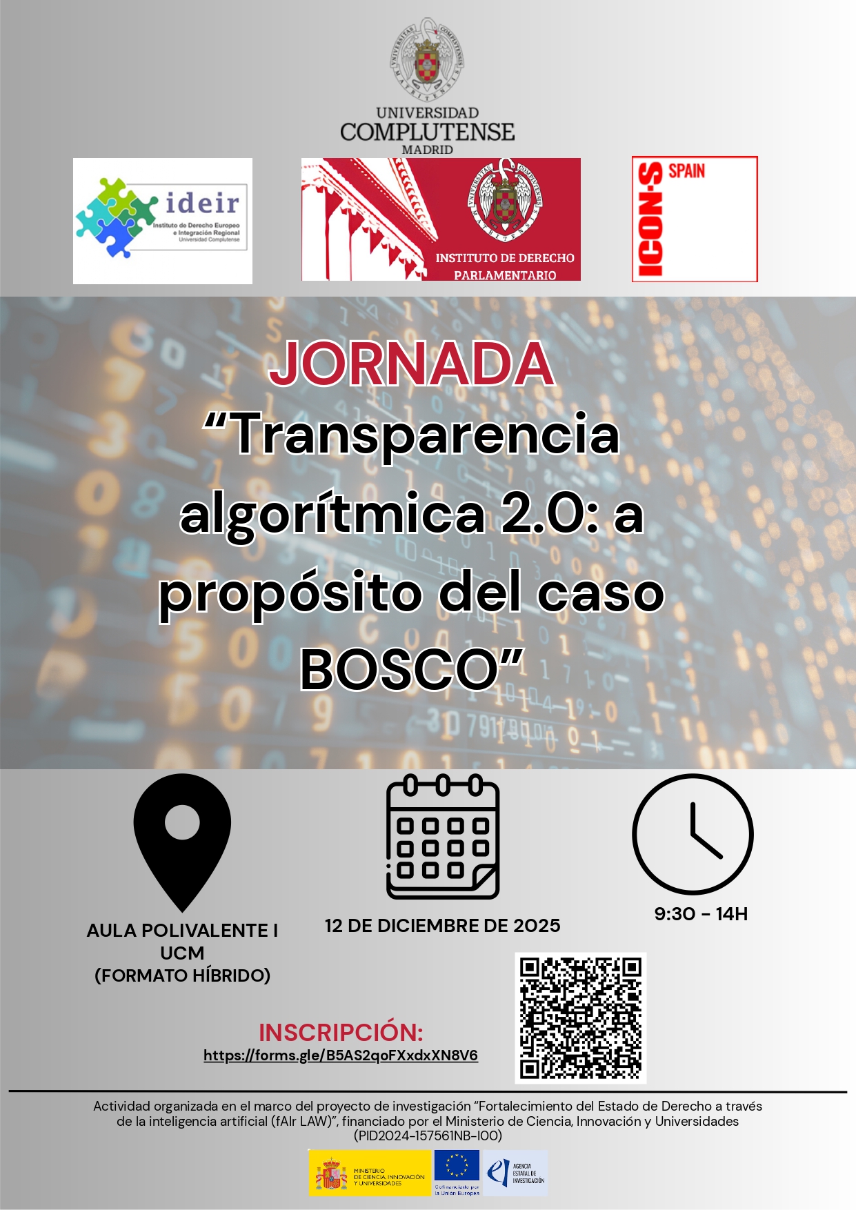 Jornada “Transparencia algorítmica 2.0: a propósito del caso BOSCO” (12 diciembre, Aula Polivalente II) 